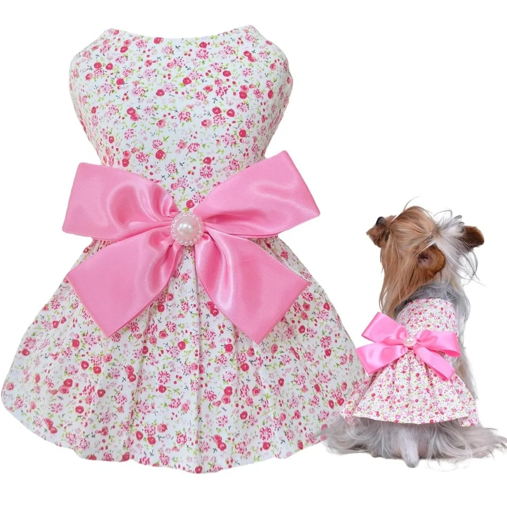 Floral Pink Bow Dog Dress M - Picture 1 of 9